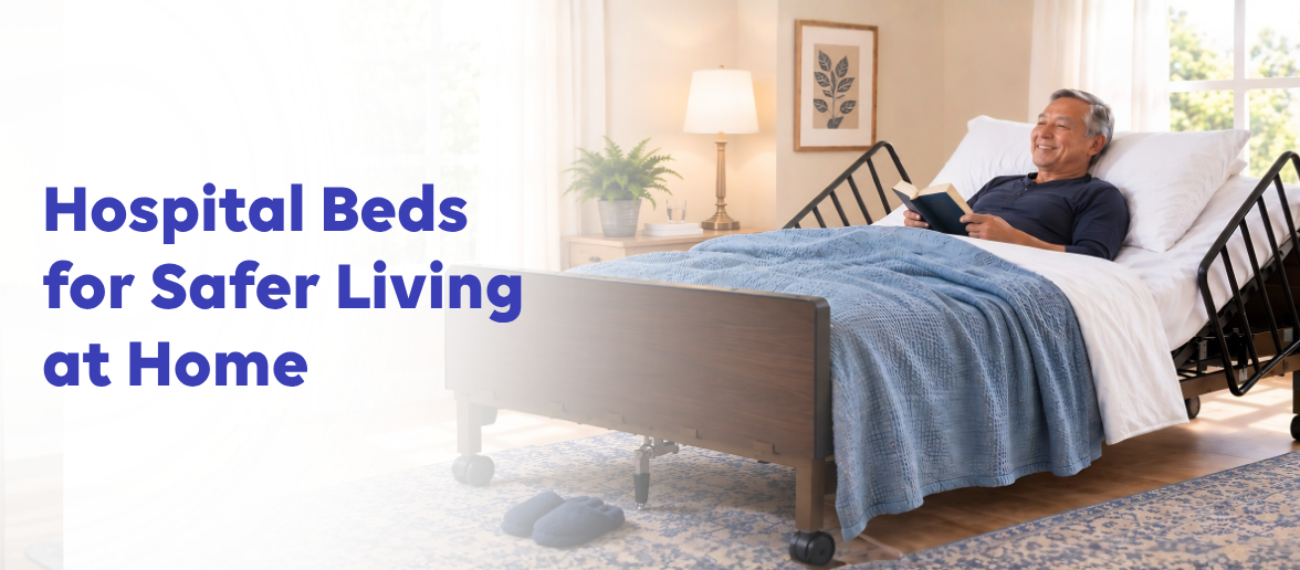 A comfortable hospital bed set up in a home bedroom to support accessibility, care, and independence.