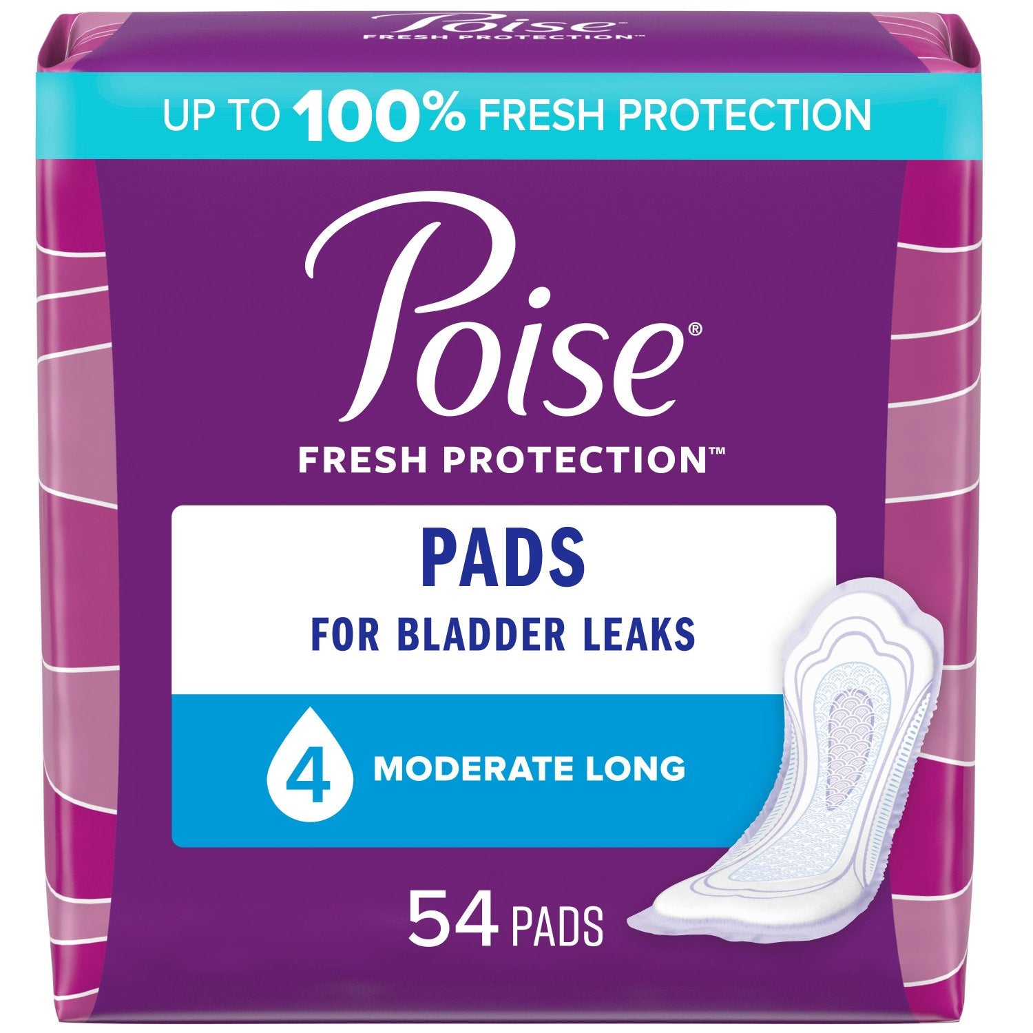 Poise Incontinence Pads, Moderate Absorbency, Long, 54 count