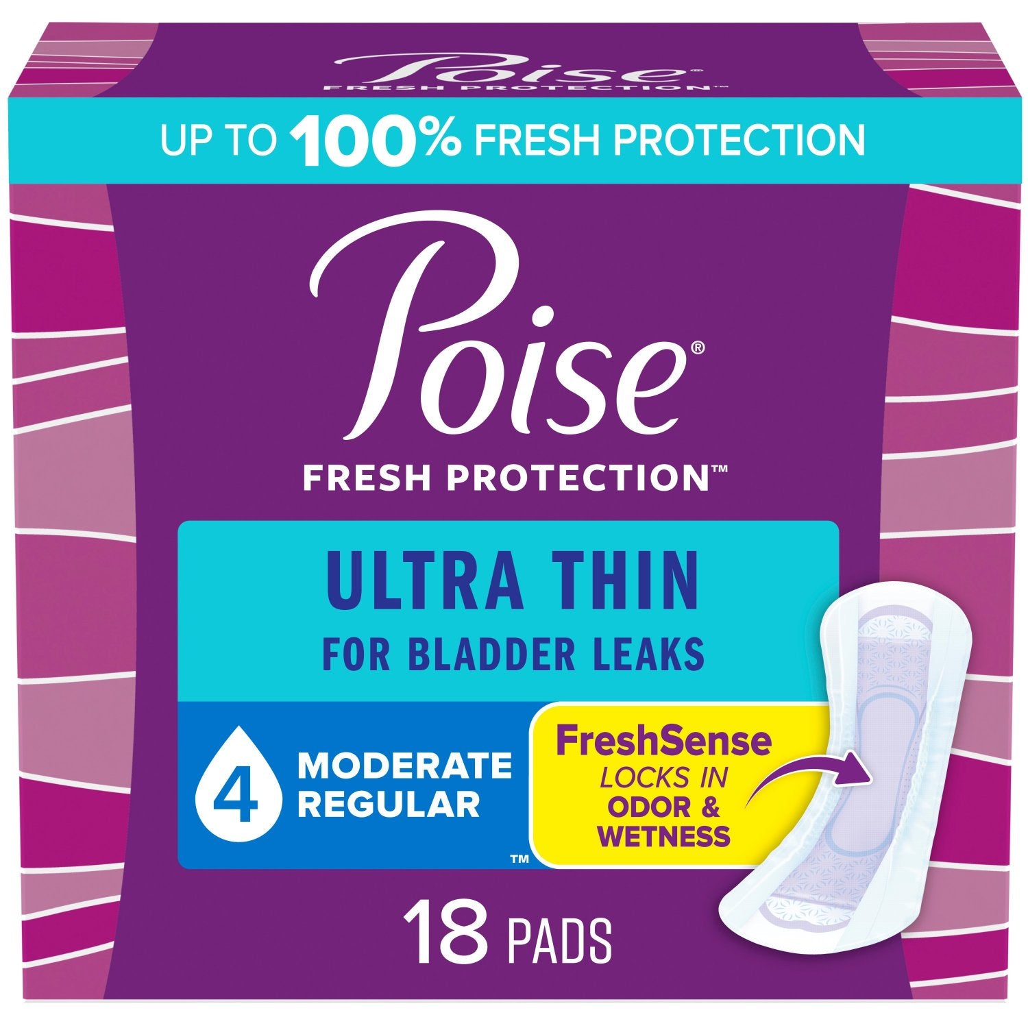 Poise Ultra Thin Incontinence Pads , 4 Drop Moderate Absorbency, Regular Length, 18 Count