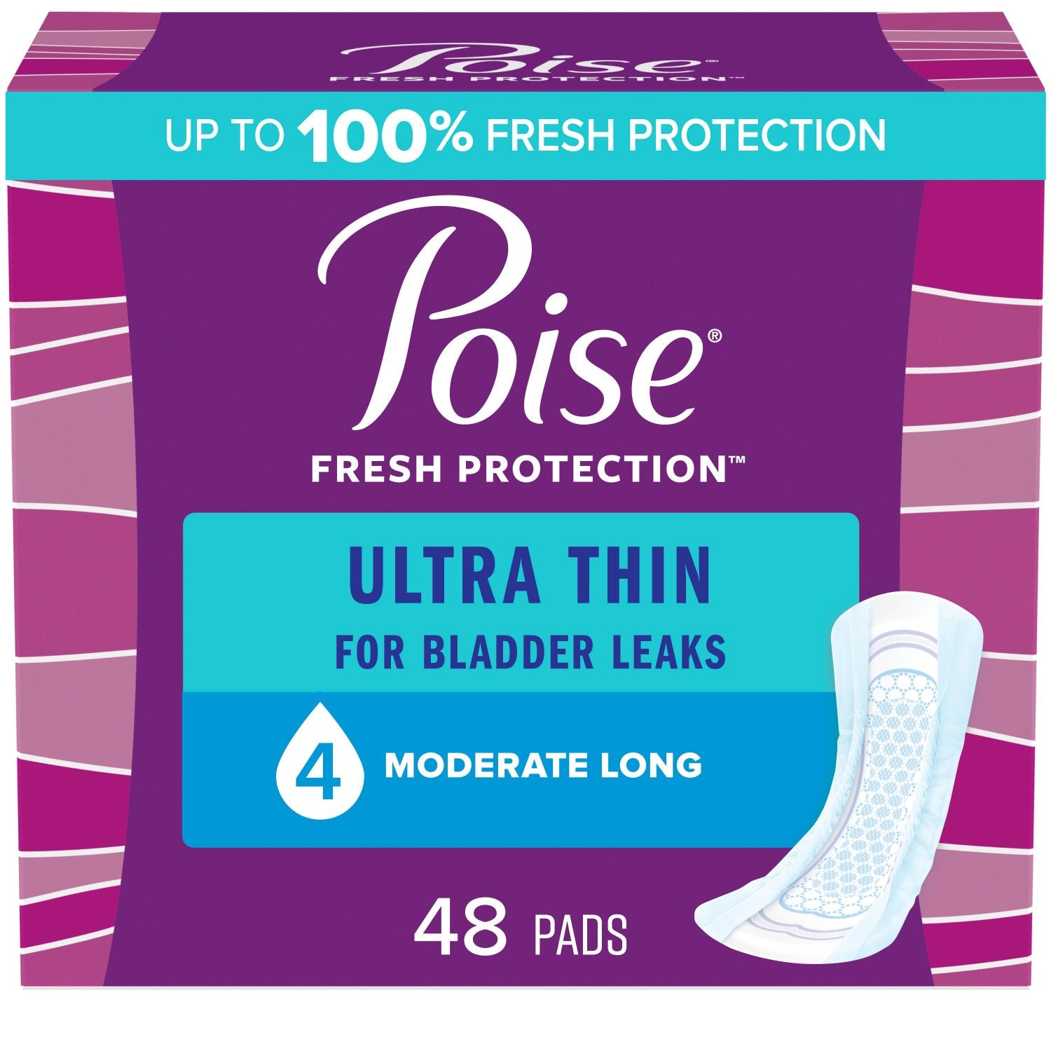 Poise Ultra Thin Incontinence Pads, Moderate Absorbency, Long Length, 48 Count