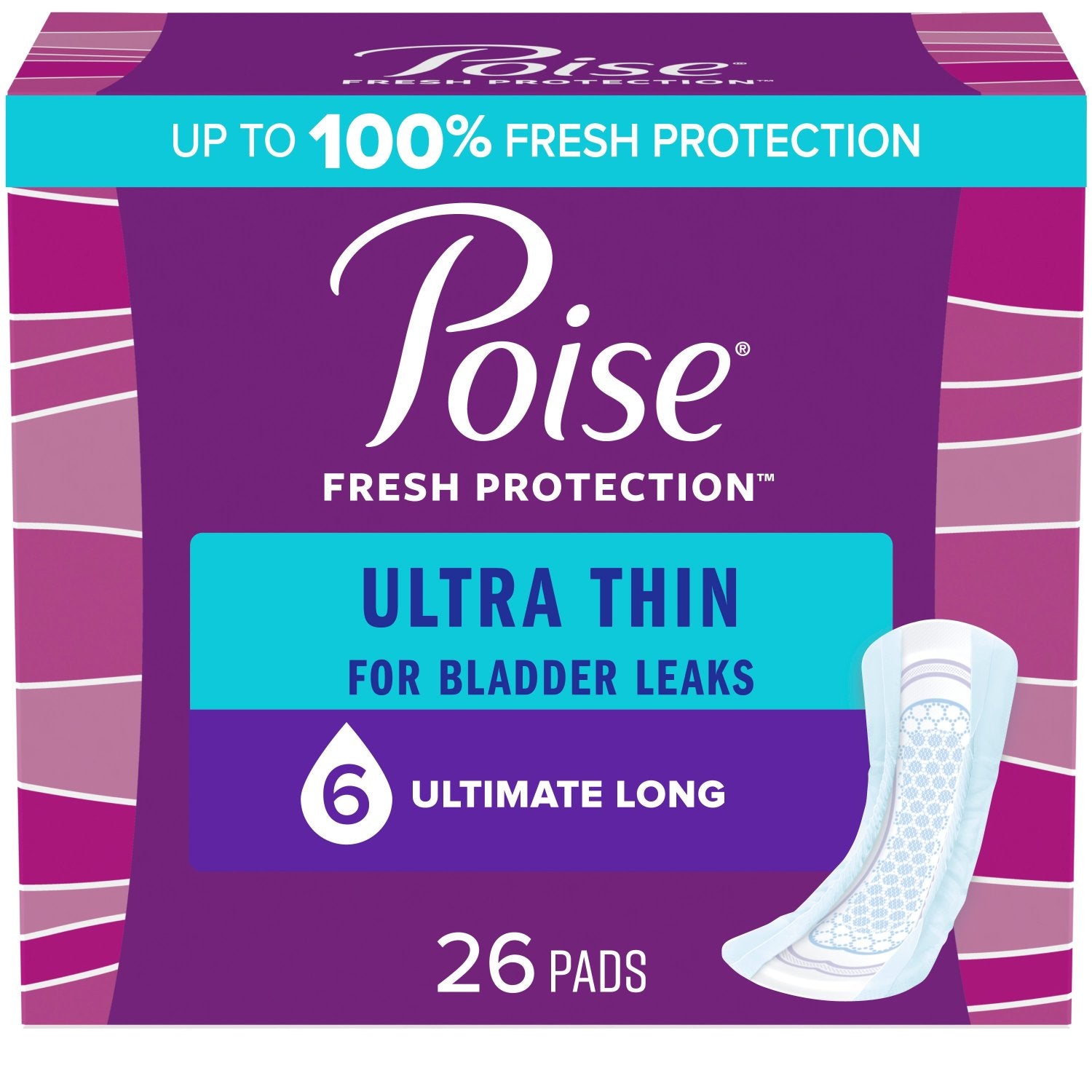 Poise Ultra Thin Incontinence Pads, 6 Drop Ultimate Absorbency, Long Length, 26 Count