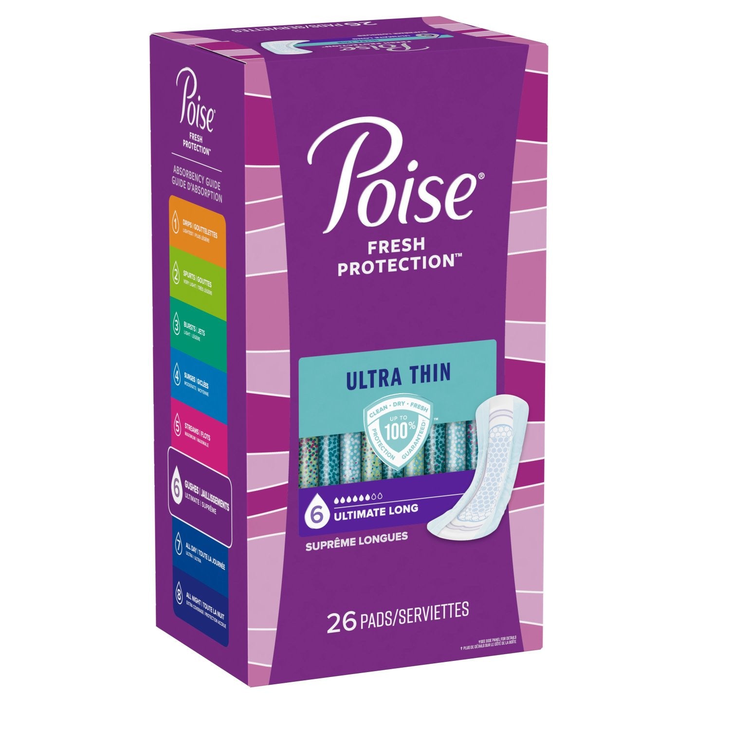 Poise Ultra Thin Incontinence Pads, 6 Drop Ultimate Absorbency, Long Length, 26 Count