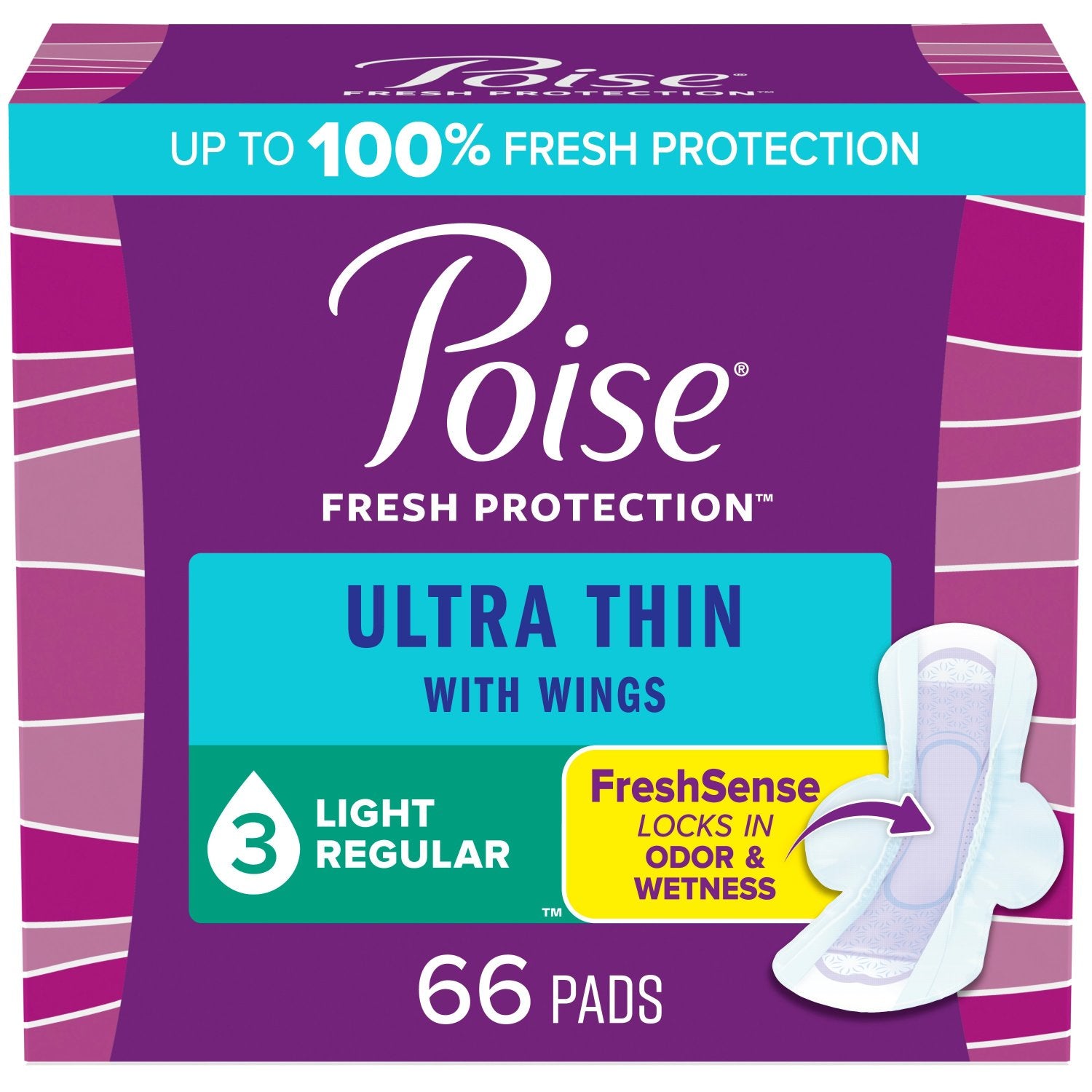 Poise Ultra Thin Incontinence Pads with Wings, 3 Drop Light Absorbency, Regular Length, 66 Count