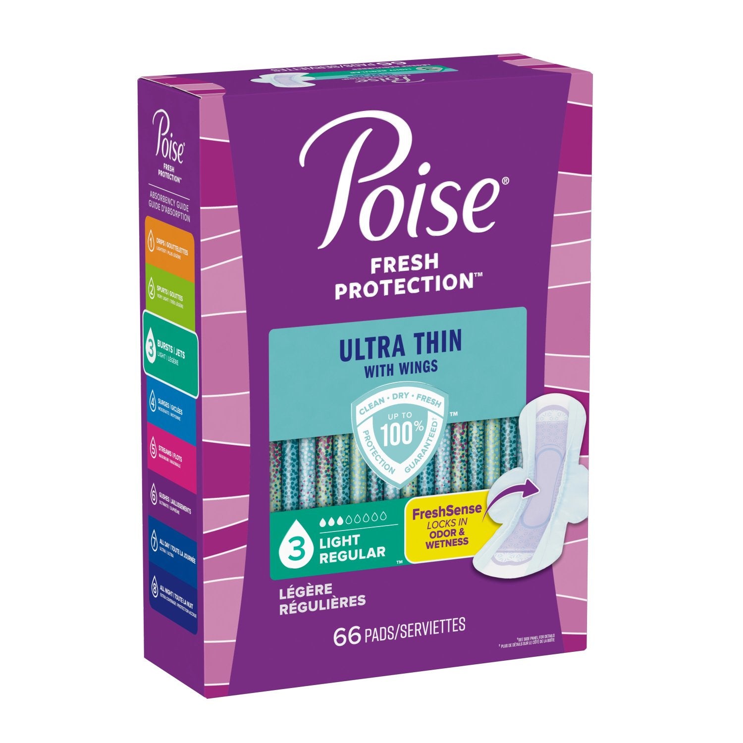 Poise Ultra Thin Incontinence Pads with Wings, 3 Drop Light Absorbency, Regular Length, 66 Count