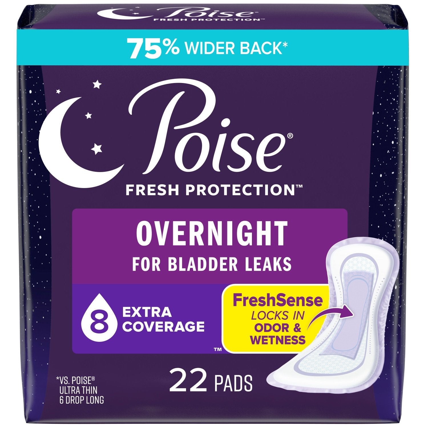 Poise Incontinence Pads, 8 Drop Overnight Absorbency, Extra-Coverage Length, 22 Count