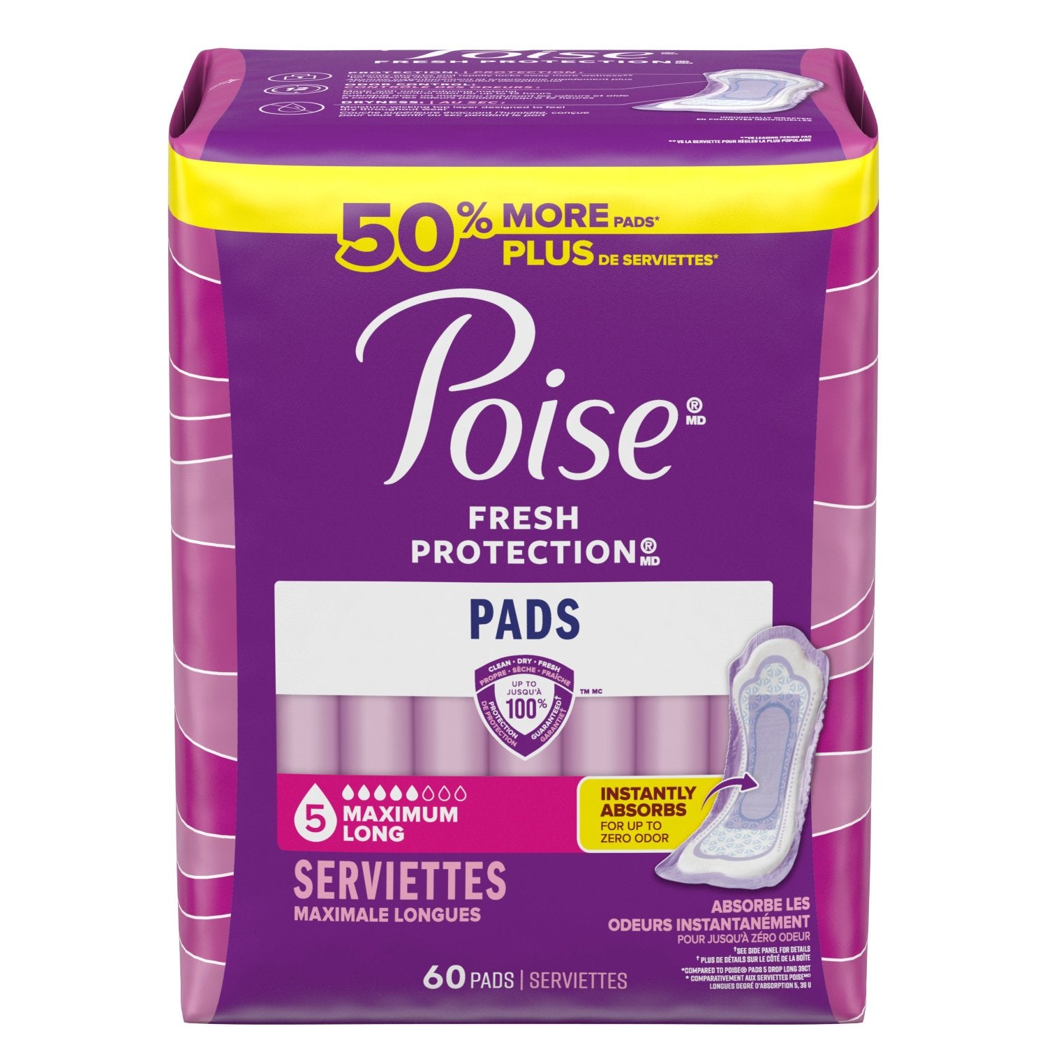 Poise Incontinence Pads & Postpartum Incontinence Pads, 5 Drop Maximum Absorbency, Long Length, 60 Count