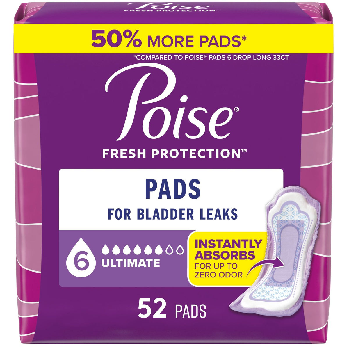 Poise Incontinence Pads , 6 Drop Ultimate Absorbency, Regular Length, 52 Count - Incontinence/Continence Products - Poise