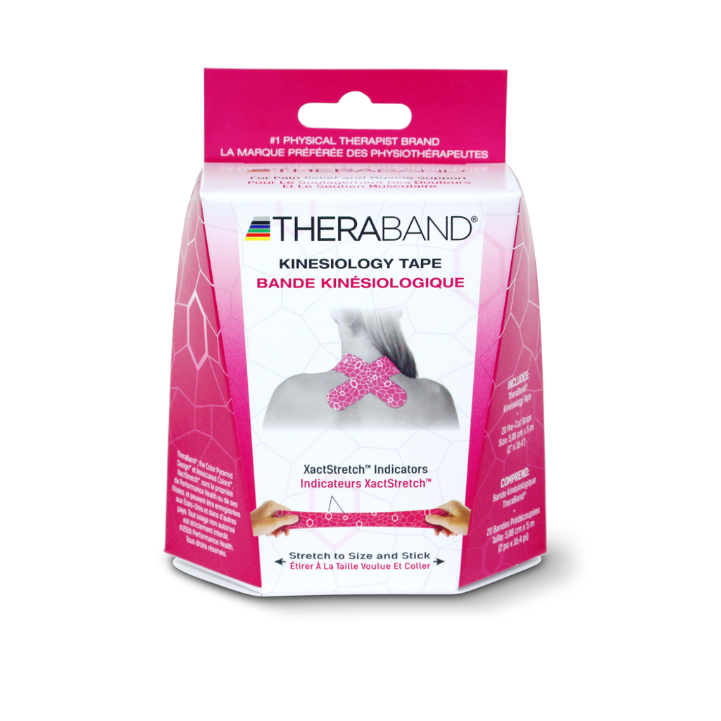 TheraBand Kinesiology Tape Precut Roll, 2" x 10" strips, Pink / White
