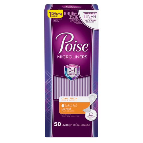 Poise Microliners, Incontinence Panty Liners, Lightest Absorbency, Long, 50 count