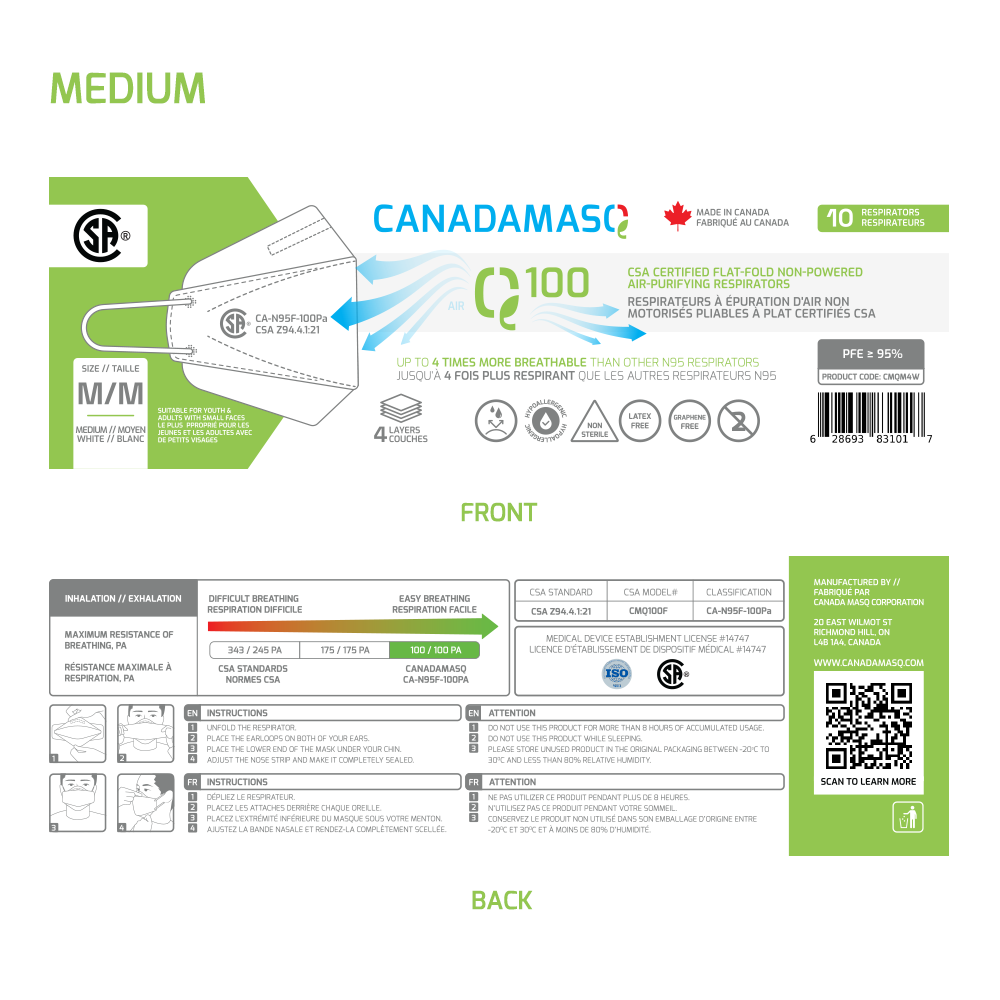 CanadaMasq Q100 CA - NA95 Respirator - Daily Living/First Aid - CanadaMasq - Medium - 628693831017