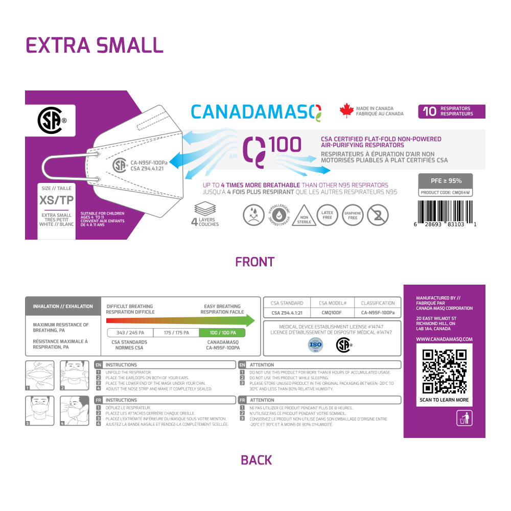 CanadaMasq Q100 CA - NA95 Respirator - Daily Living/First Aid - CanadaMasq - X - Small - 628693831031