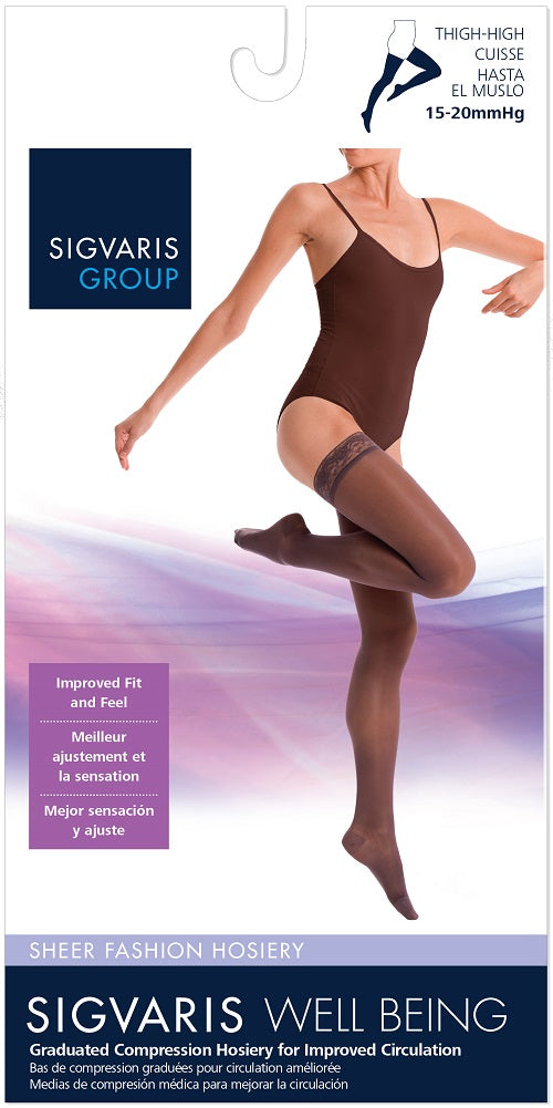 SIGVARIS Sheer Fashion Compression Hosiery for Women Series 120, Thigh High, Suntan
