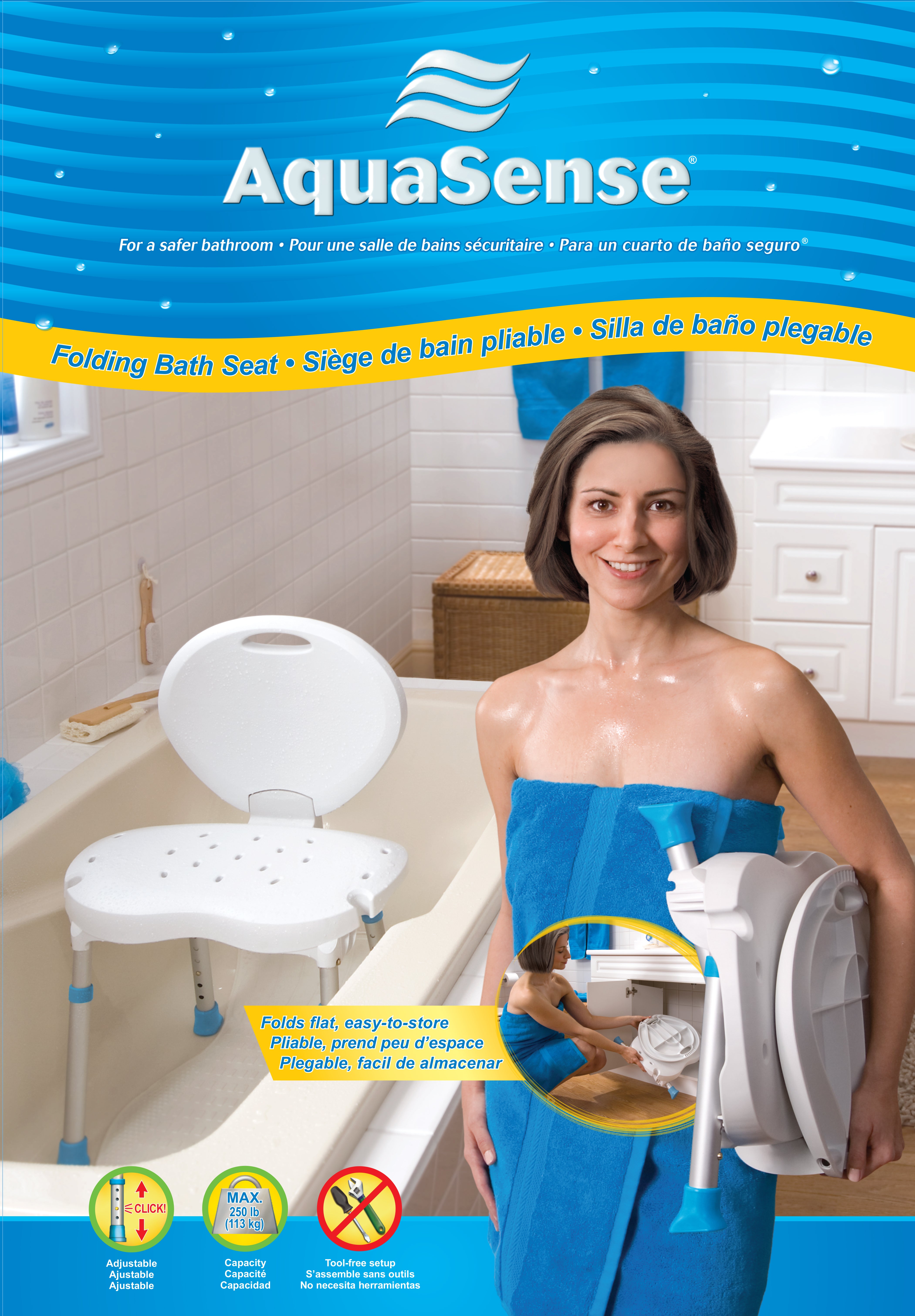 AquaSense Folding Bath and Shower Chair with Non-Slip Seat and Backrest, White
