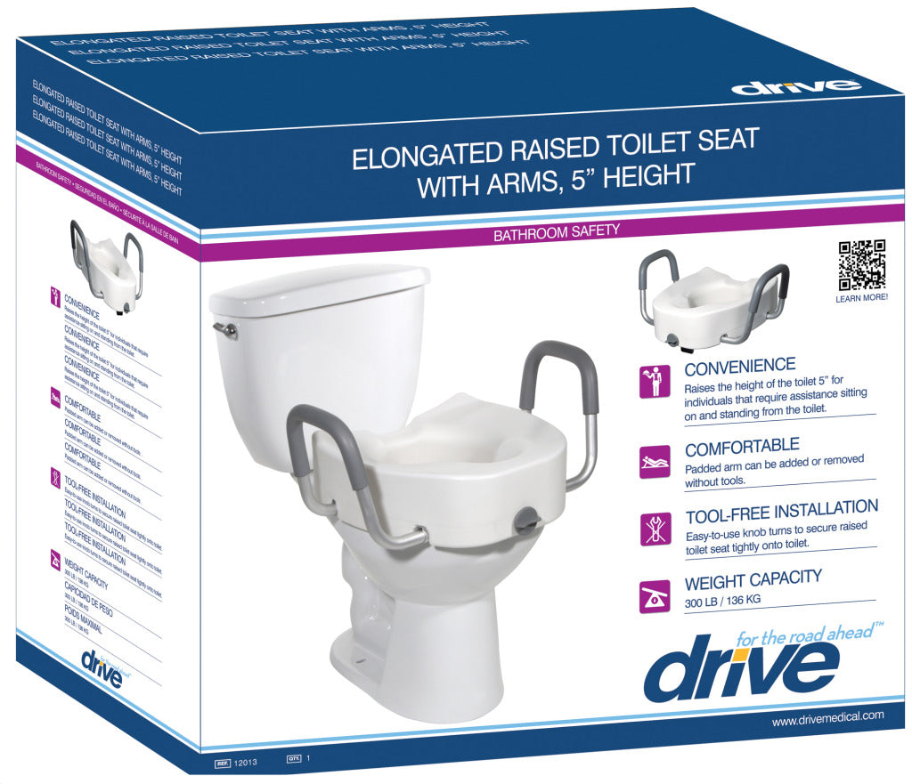 Drive Medical Premium Plastic Raised Toilet Seat with Lock and Padded Armrests, Elongated